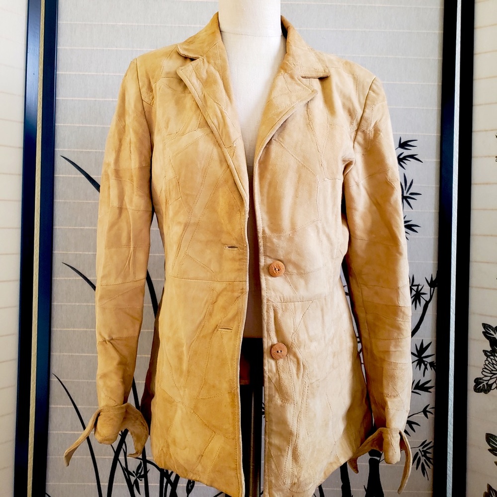 [American Flirt] Soft Beige Suede Leather Patchwork Jacket